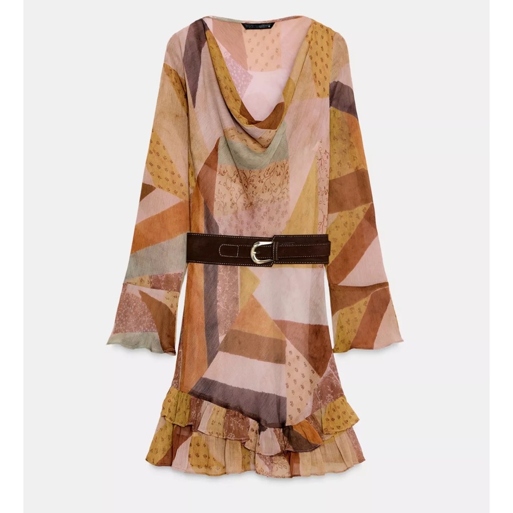 Patchwork Print Belted Mini Dress, Multicolor, Za… - image 13